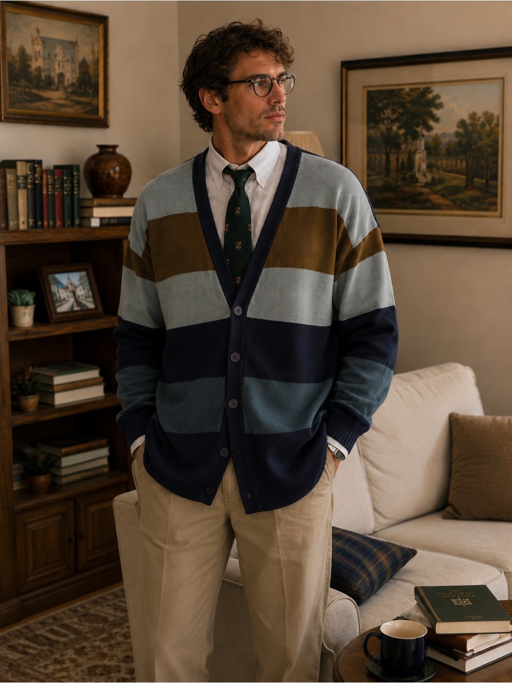 Jones New York Men’s VTG 100% Cotton Striped Button Cardigan,EUC,  Large